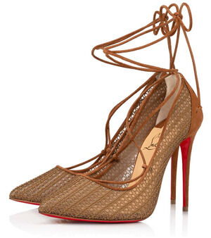 Christian Louboutin Peropik 100 Biscotto Brown Suede Lace Up Tie Heel Pump 39.5